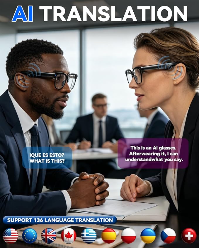 Smart Glasses with Camera, 4K HD Anti-Shake, 8MP Camera Glasses, Real Time Translation, AI Voice Assistant, Object Recognition, Smart Glasses for Women, for Travel/Meetings/Vlog(Photochromic)