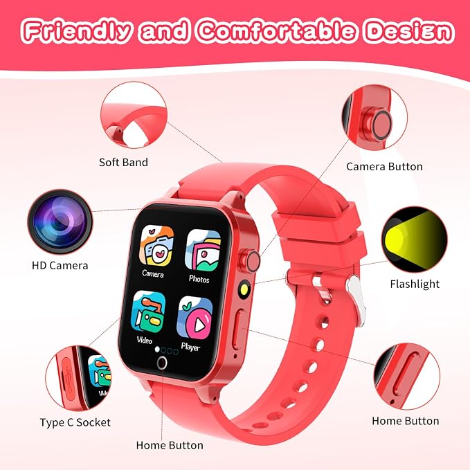 Cosjoype Kids Smart Watch Gift for Girls Age 4-12, 26 Games HD Touch Screen Kids Watches with Video Camera Music Player Pedometer 12/24 hr Educational Toys Birthday Gifts for Girls Ages 6 7 8 9 10