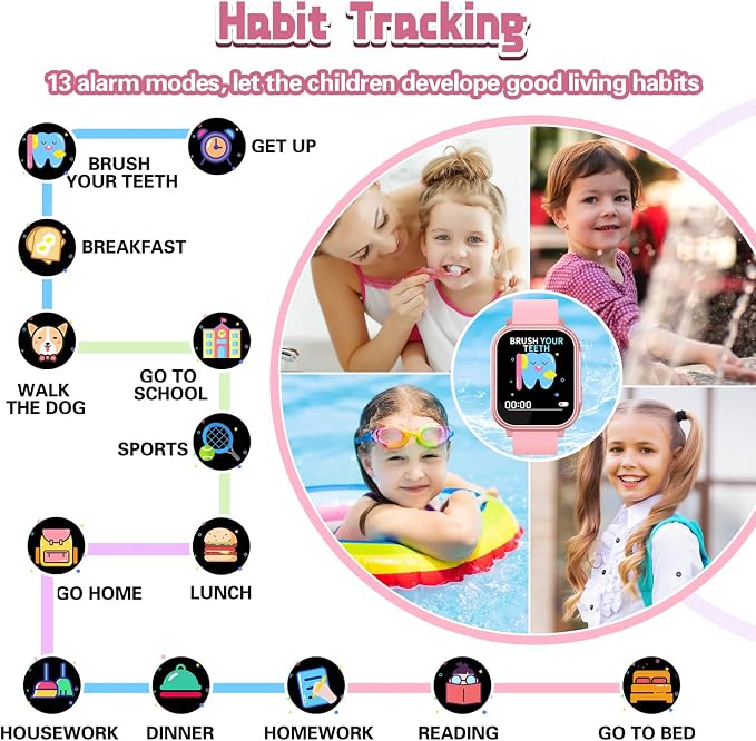 Waterproof Smart Watch for Kids Girls Age 5-12 with 32 Games, Dual Camera, Habit Tracking, Music Player, Video, HD Touchscreen Kids Smart Watch Birthday Gift Toy for 3-12 Year Old (Light Pink)