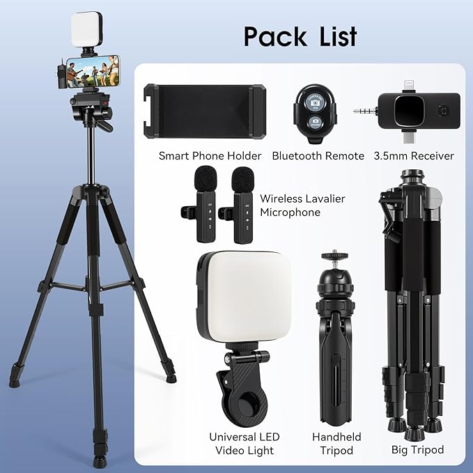 Vlogging Kit with Wireless Lavalier Microphone for iPhone, Android, YouTube Starter kit Content Creator Equipment with 60” Extendable Fullsize Tripod, Soft Light for Vlogging, YouTube, TikTok