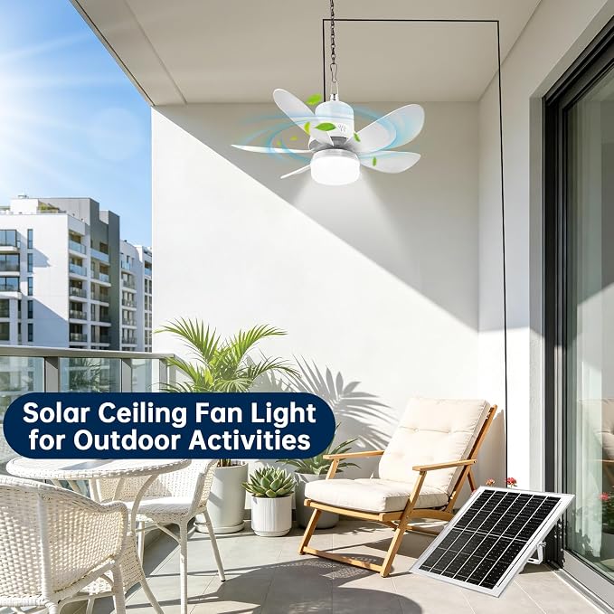 18.1" Solar Ceiling Fan Light with Battery Built-in 10000mAh Powered, Portable Rechargeable Fan with Long Cord Remote Control, Dual Type-C/Solar Charging Hanging for Tent Garage Gazebo Camping Outdoor