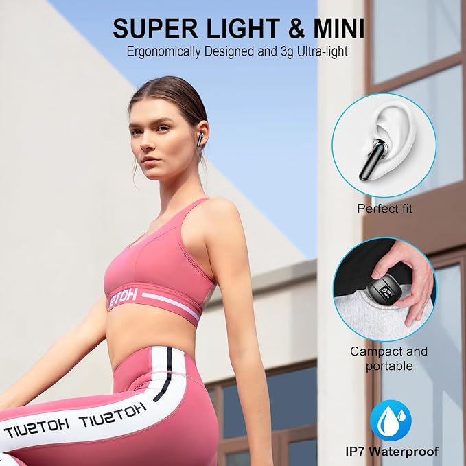 Wireless Earbuds, Bluetooth 5.4 Headphones, 48H+, Stereo Ear Buds, LED Display Earphones with Mic, IP7 Waterproof In EarBud, Comfort Fit, Bluetooth Earbuds for Phone Android iOS, Sport, Walk, Black