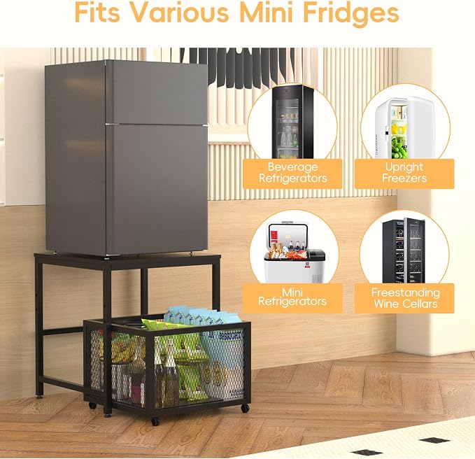 FAHKNS Mini Fridge Stand 19.7 Inch Square Mobile Mini Fridge Cart with Storage Drawer Basket Heavy Duty Fridge Cart, Large Capacity Storage Beverage Refrigerator Table, Black