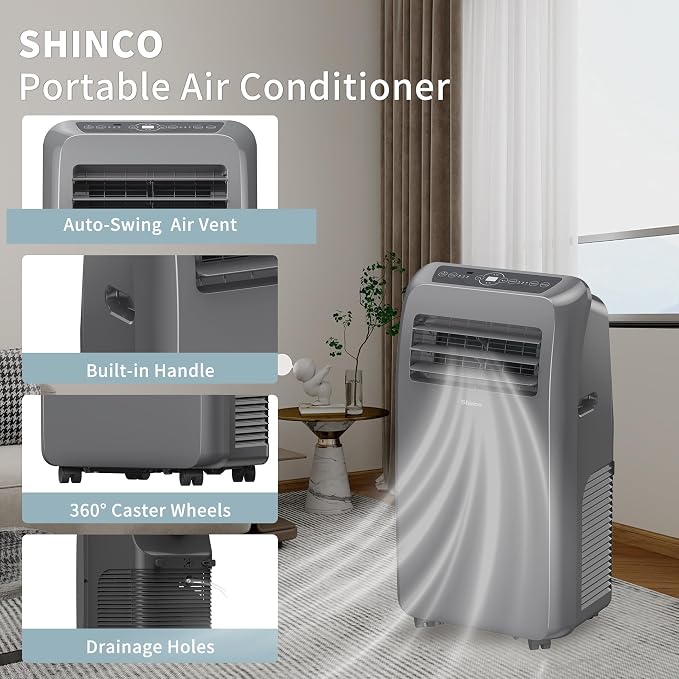Shinco 12,000 BTU Grey Portable Air Conditioner, Portable AC Unit with Built-in Cool, Dehumidifier&Fan Modes for Room up to 450 sq.ft, with Remote Control, 24 Hour Timer, Installation Kit