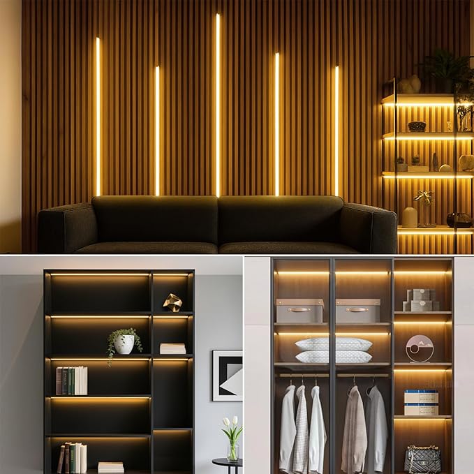 Touch Dimmable LED Recessed Lighting Kit,6PCS 12V Black COB LED Strip Lights,6.56Ft 3000K Warm Self-Adhesive LED Uner Cabinet Light for Wood Slat Wall Panels, Headboards, Shelves, Display Cabinet