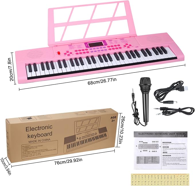 Kids Keyboard Piano, 61 Light-up Key Electric Piano Musical Learning Toy for Beginners with Microphone, Music Stand, Notekey Sticker, Birthday Xmas Gift for 3-10 Years Old, Pink