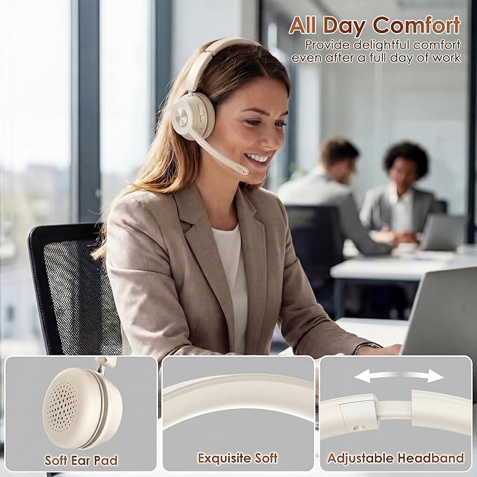 Soothielec Wireless Headset with Mic for Work, Bluetooth Headset with Noise Cancelling Microphone, Headphones with Mic Mute & USB Dongle for PC/Computer/Laptop/Cell Phones/Remote Work/Call Center