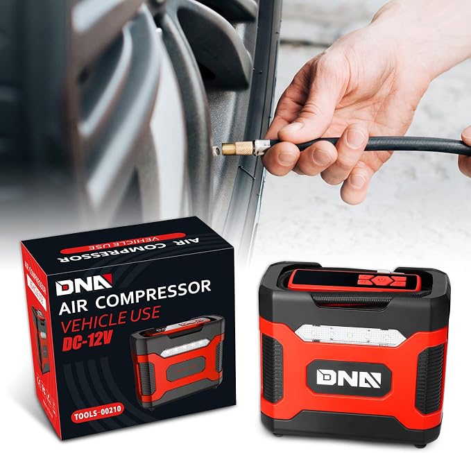 DNA Motoring TOOLS-00210 Red 12V DC Digital Tire Inflator Portable Air Compressor with Pressure Gauge for Cars, Bicycles, Motorcycles,Balls
