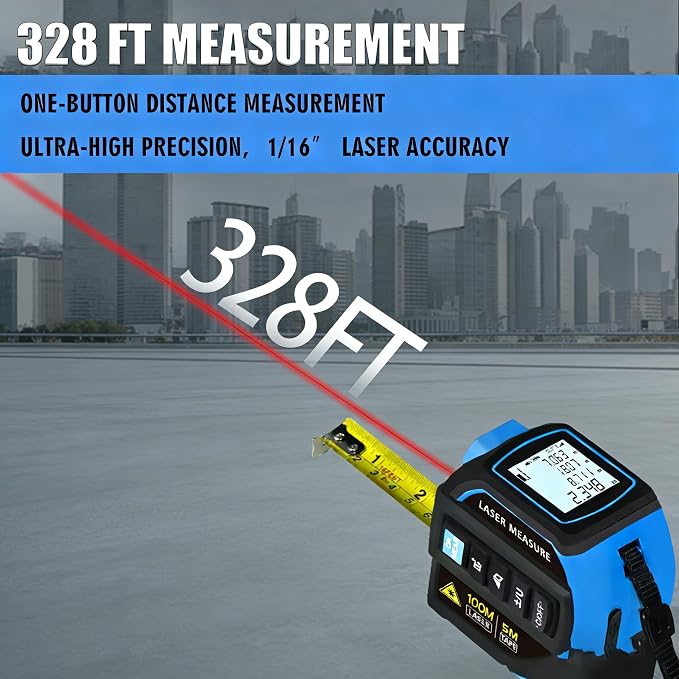 4-in-1 Laser Tape Measure 328FT, Digital Laser Distance Meter,16FT Steel Tape, Dual-Axis Electronic Angle & Crosshair Level, Area/Volume/Pythagorean, LCD Rechargeable Measuring Tool (Blue)