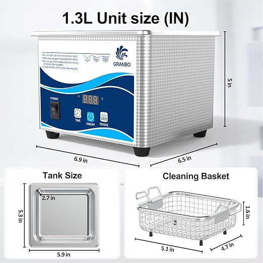 Granbo Ultrasonic Cleaner 1.3L Jewelry Cleaning Ultrasonic Machine 40kHz with Digital Timer and Degassing,110V Digital Ultrasonic Parts Cleaner for Denture Dental Oral Irrigator Parts Glasses