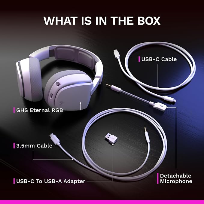 GLORIOUS GHS Eternal RGB - Stereo RGB Gaming Headset for PC, PS5, PS4, Switch - Custom Tuned Angled Drivers, Adjustable Crystal Clear Detachable Mic, USB-C - Durable, All Day/Night Comfort - White