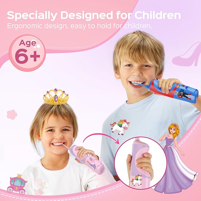 COSLUS C31 Kids Water Dental Flosser Deep Cleaning Picks Portable 4 Modes for Ages 6+ Safe Waterproof Rechargeable with 2 Jet Tips for Gums Care Pink Purple