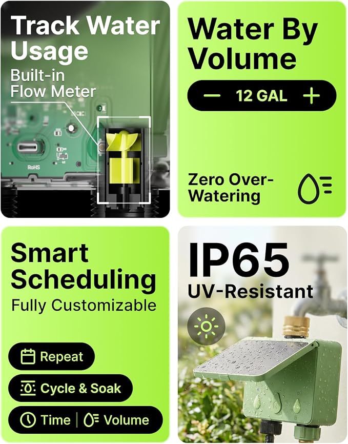 Solar WiFi Water Timer for Garden Hose, 2-Zone Sprinkler Controller with Flow Meter, Smart Irrigation System with Rain Delay, Brass Inlet, APP & Voice Control, No Hub Required