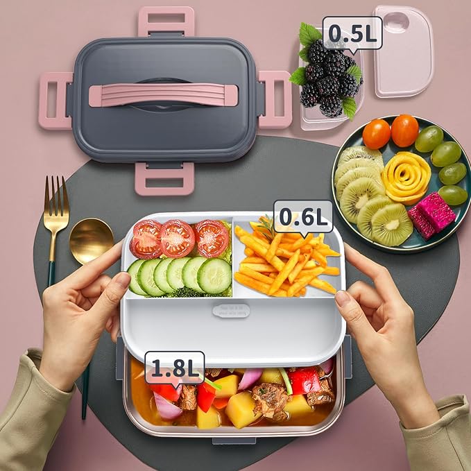 IFENROL Electric Heated Lunch Box for Adults with 1.8L Container, ON/OFF Power Switch & 0.6L Double Layer, Portable 100W 3-IN-1 Fast Heating Food Warmer for Men, 12V/24V/110V for Car Truck Office