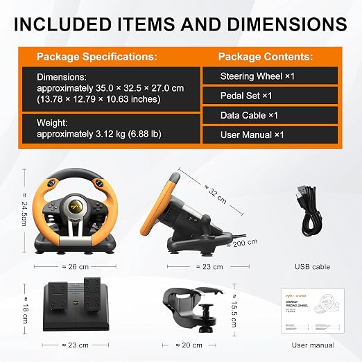 PXN PC Racing Wheel, V3 PRO 180 Degree Universal Usb Car Sim Race Steering Wheel with Pedals for PC, PS3, PS4, Xbox One, Xbox Series X/S, Switch (Orange)