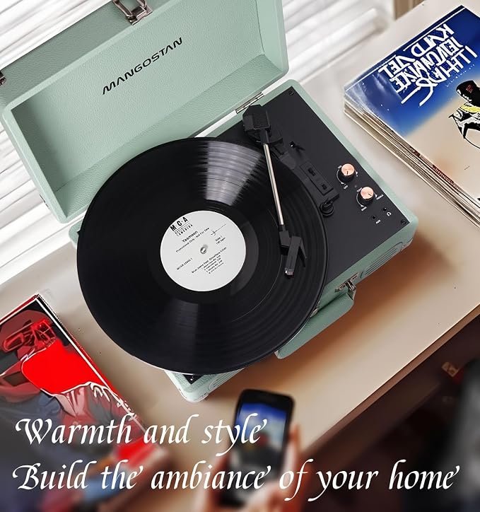 Record Player 3 Speed Bluetooth Portable Suitcase, Vinyl Phonograph with Built-in Bass & Speakers, Belt-Driven LP Player Support AUX-in RCA Line Out Headphone Jack, Green