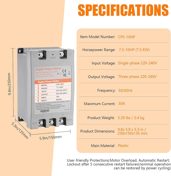 Single Phase to 3 Phase Converter,10HP 220V 3 Phase Converter,220V-240V Input/Output Digital Phase Shift for 10HP Motor