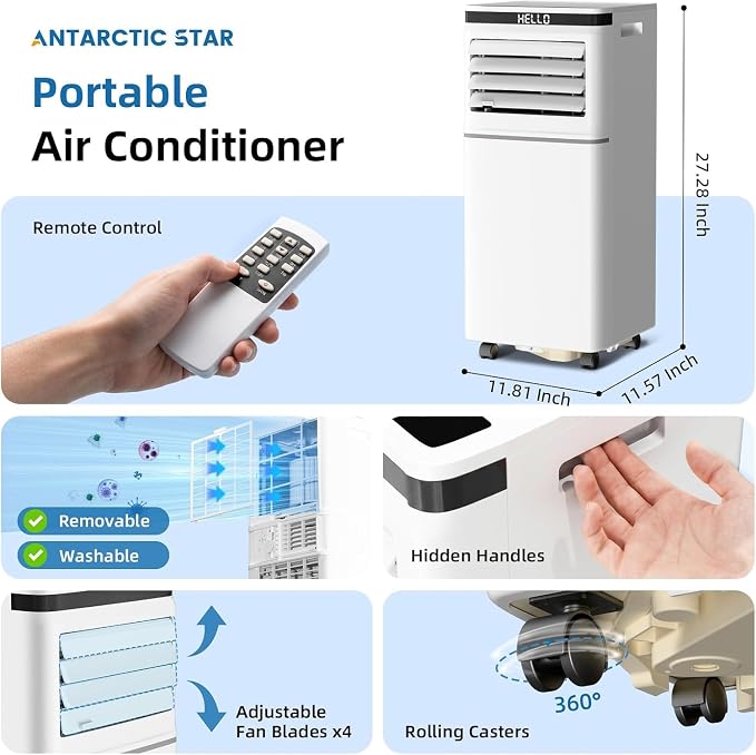 Portable Air Conditioner, 8000 BTU, Cools Up to 350 Sq Ft, Remote Control, 2 Fan Speeds, 24 Hour Timer, Quiet Operation & Fan Mode, Portable AC for Bedroom, Office, Home & Dorm