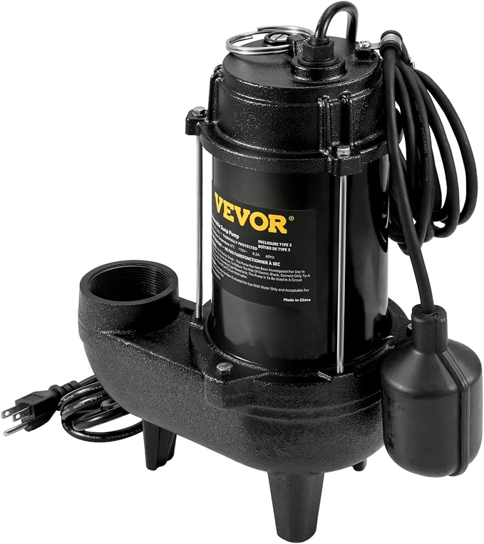 VEVOR 3/4 HP Submersible Sewage Pump, Cast Iron Submersible Sump Pump, Wear-proof Cast Iron Construction, with Tethered Float Switch, 10 FT Power Cord