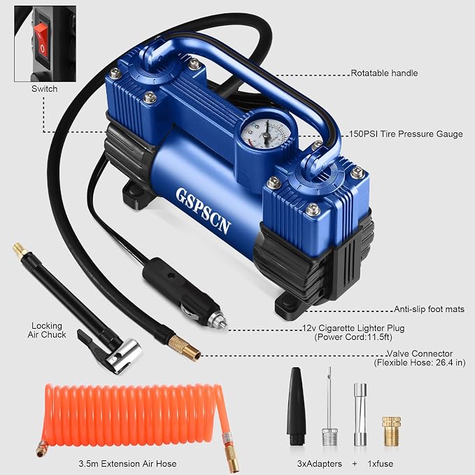 GSPSCN 12V Heavy Duty Tire Inflator Metal Portable Air Compressor Pump | 6X Faster Inflation Double Cylinders 150PSI Air Pump with Adapter for Car, RV,Pickup Truck, SUV, Van,Camper, Air Bed,Ball