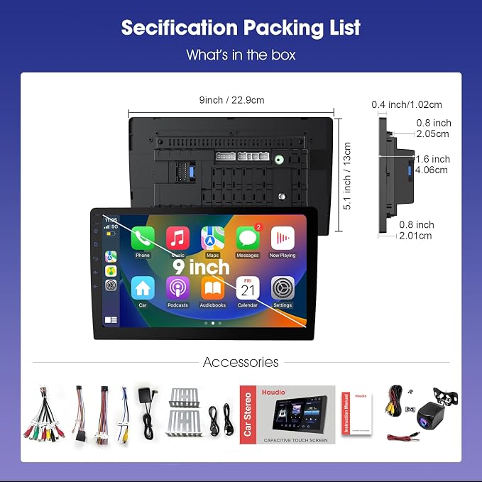 Haudio Carplay Screen for Car, 9 inch Wireless CarPlay & Android Auto,Backup Camera,Double Din Car Stereo,GPS Navigation, ZLink,Audio Receivers, Music Player (9 inch)