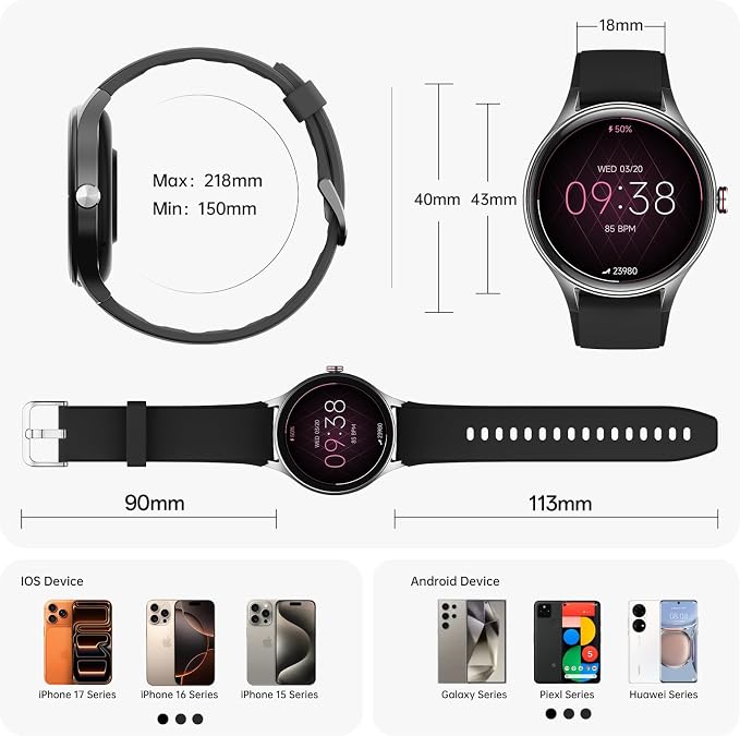 Woneligo Smart Watches for Men Women,1.57inch AMOLED Touchscreen Fitness Watch for iPhone & Android,Heart Rate/Sp02/Sleep Monitor,110+ Sport Modes IP68 Waterproof Bluetooth Calls,2 Bands (Black, 1.57)
