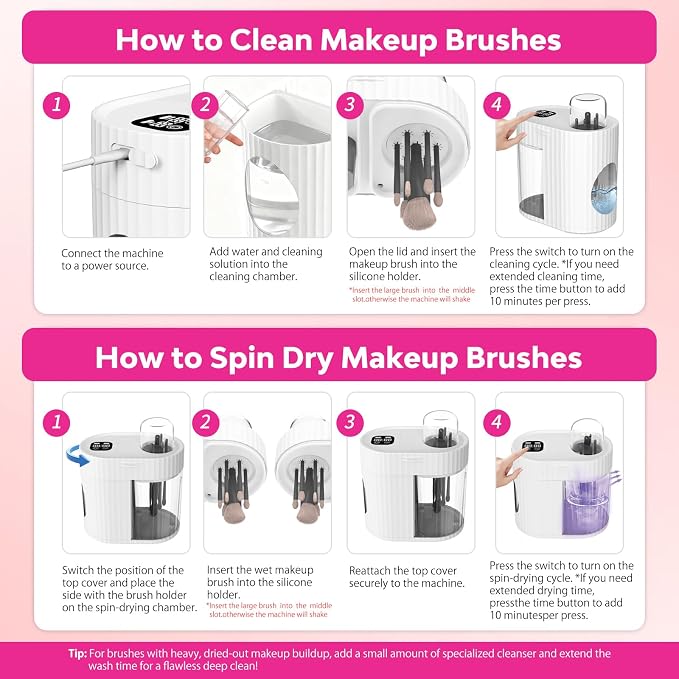 Electric Makeup Brush Cleaner Machine, 3-IN-1 Automatic Cleaning & Fast Drying, 1200RPM High-speed Spinning, Adjustable Timer, LED Display, 7 Slots for All Brush Sizes, USB Powered, Pure White