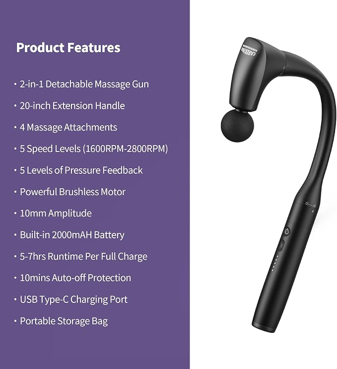 2-in-1 Detachable Muscle Massage Gun Deep Tissue with 20'' Extension Handle, Back and Neck Massager for Pain Relief, Handheld Massager for Shoulder Lower Back Leg Waist, FSA-HSA Eligible