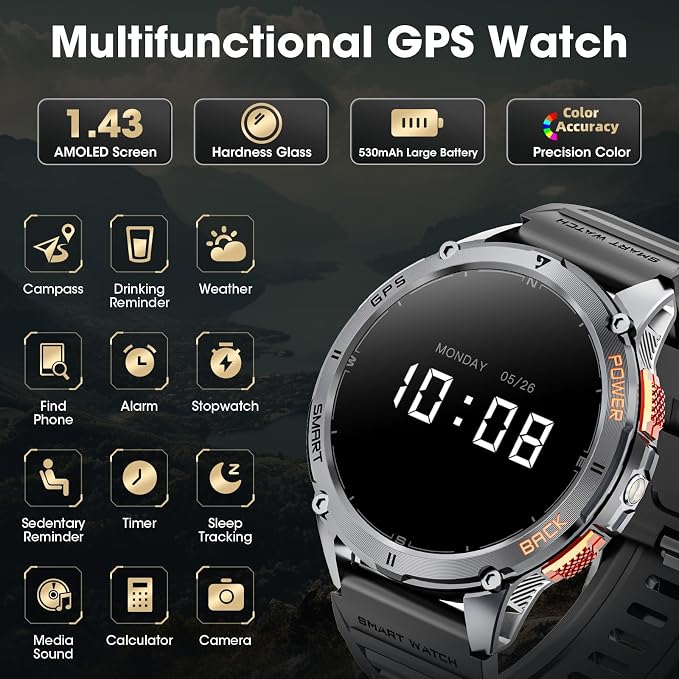 Military Smart Watches for Men with GPS, 1.43" AMOLED Bluetooth Call Smartwatch with LED Flashlight, Smart Watch for Android iOS, IP68 Waterproof Fitness Tracker with Heart Rate (Black)