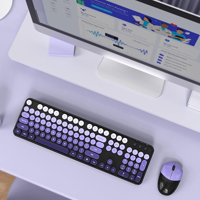 Wireless Keyboards and Mouse Combos, SQMD Colorful Typewriter Keyboard with Round Keycaps, 2.4GHz USB Retro Wireless Keyboard Mouse for PC, Desktop, Laptop and Computer-Purple