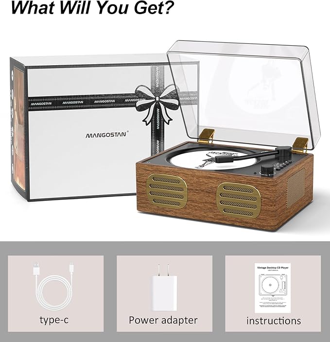 Walnut Wood CD Player with Speakers, Bluetooth Retro Portable Music Player for Home, Wired & Remote Control