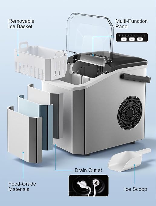 Ice Maker Countertop, Portable Ice Machine with Carry Handle, Self-Cleaning Ice Makers with Basket and Scoop, 9 Ice Cubes in 6 Mins, 26 lbs per Day, 5 Sizes of Bullet Ice for Home Party Camping RV