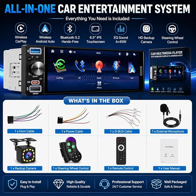 6.5" Single Din Car Stereo, Wireless Apple CarPlay Android Auto, Car Bluetooth 5.2, Car Radio with HD In-Cell IPS Touchscreen,FM/AM/RDS, Dual USB Type-C, HD Backup Camera, 180W Audio Output, Subwoofer