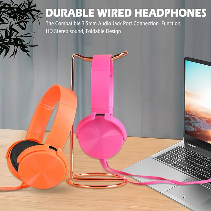 Kids Headphones 2 Pack for School Classroom K-12, Durable Wired Student Computer Online Learning Headset for Laptop Library Airplane and Travel (Pink+Orange)