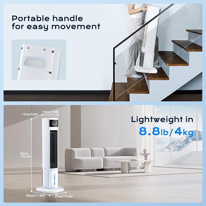 3-in-1 Portable Air Conditioners for Room, Evaporative Air Cooler, 4 Modes 3 Speeds/24H Timer, Fast Cooling Portable AC Unit, Remote 60° Oscillating Tower Fan, Quiet Swamp Cooler for Bedroom Office