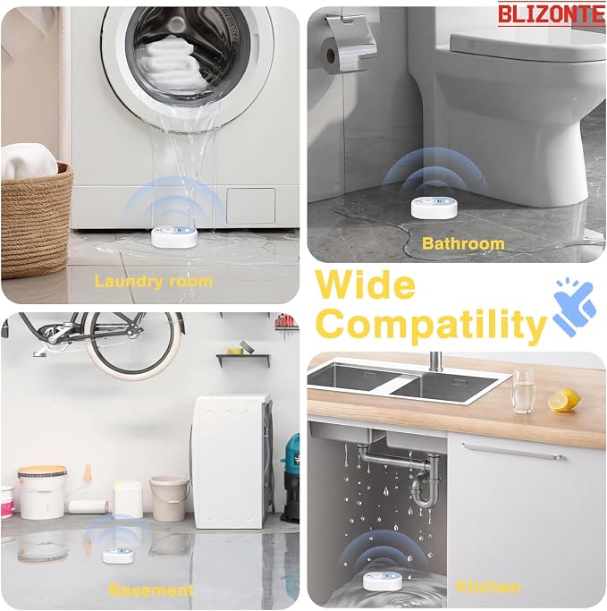 Water Leak Detector 10 Pack, 5-Year Battery Life, Water Alarm with Low Battery Warning, 100dB Loud Sound and Self-Test Function, IP66 Waterproof for Home Basement Kitchen(Not Support Wi-Fi)