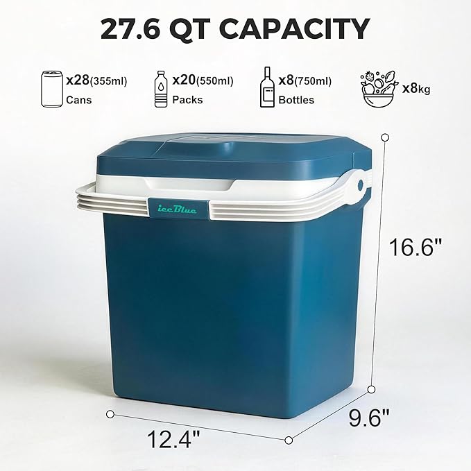 Iceblue Electric Cooler, 26 Liters/28 Cans Mini Fridge with Automatic Locking Handle, 120V AC Home Power Cord & 12V Car Adapter Car Refrigerator, Car Fridge for Home, Car, Gift - Blue