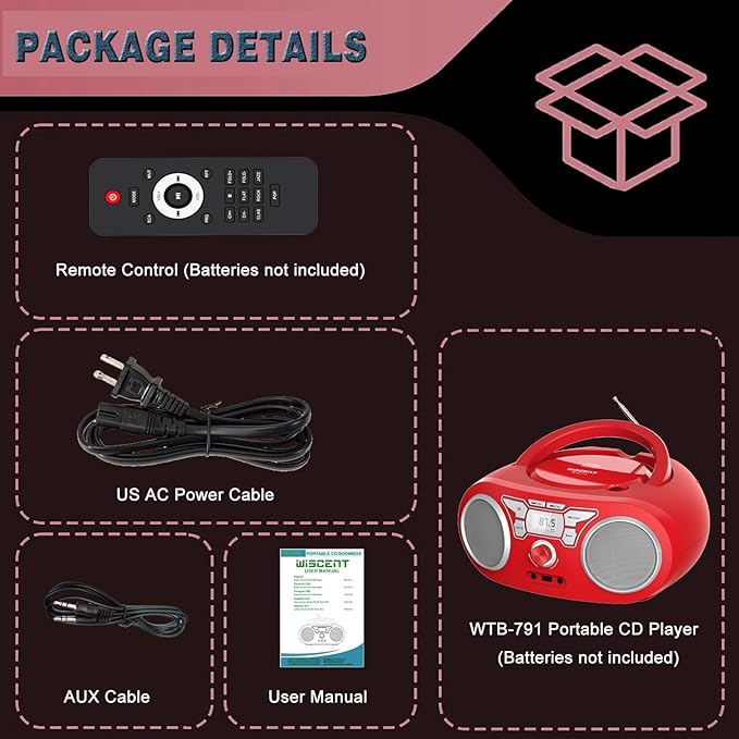 Portable CD Player Boombox with Bluetooth, FM Radio, USB Input, 3.5mm AUX and Headphone Jack, Clear Stereo Sound