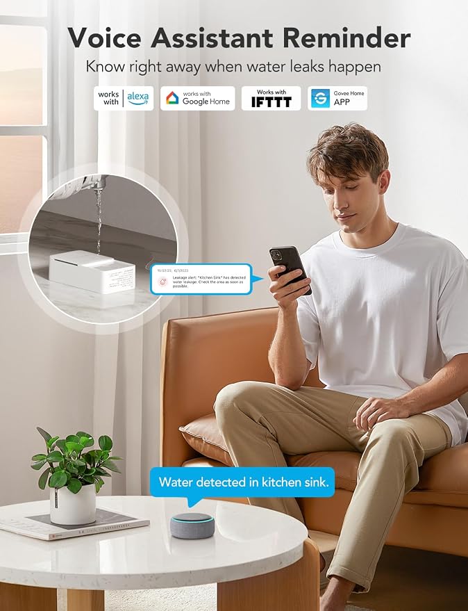 GoveeLife Premium Smart Water Leak Detector 2 with 1968ft Ultra-Long Range, WiFi Water Sensor with SMS/Email/APP Push and Sound Alarm, 5-Year Battery Life, Suitable for Home, Basement, Kitchen, 4 Pack