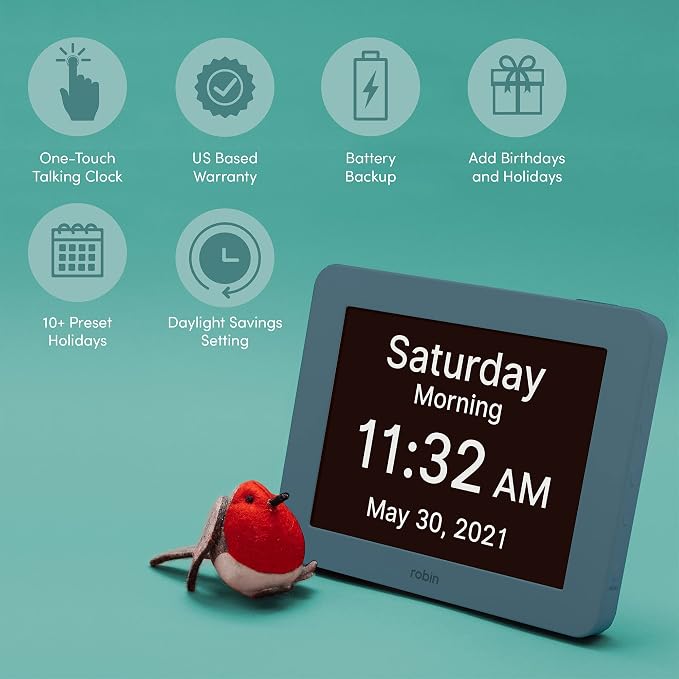 Robin Day Clock 2026 for Seniors, 8" Large Digital Calendar Dementia Clock with Talking Function, Alarms, Easy-to-Read Display for Elderly, Day Date Time, Medication Reminder, DST, Winter Blue