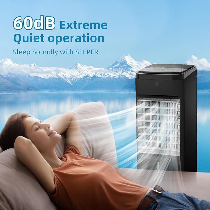 NOMEY 3-IN-1 Portable Air Conditioners 4 Modes & 3 Speeds, Waterless Alert System, 12H Timer, 1 Gal Detachable Water Tank, 4 Ice Packs, Remote, 70° Oscillation Windowless Evaporative Air Cooler