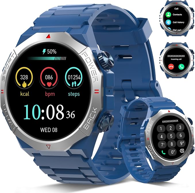 Qecnato Military Smart Watches for Men (Answer/Make Calls), 1.39" HD Watches, Heart Rate/Sleep Monitor, 110+ Sports Modes Watch for Men,Watch, 30Day, Watches for Android/iPhone, Blue