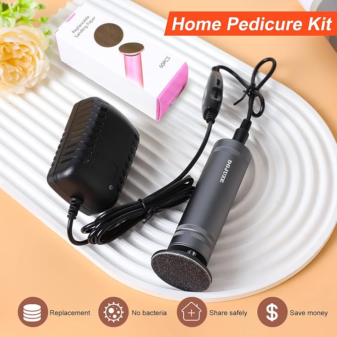 PowerPro Electric Foot Callus Remover Grey with 60pcs Replacement Sandpaper Discs 60Grit Rough for feet Care Pedicure Kit