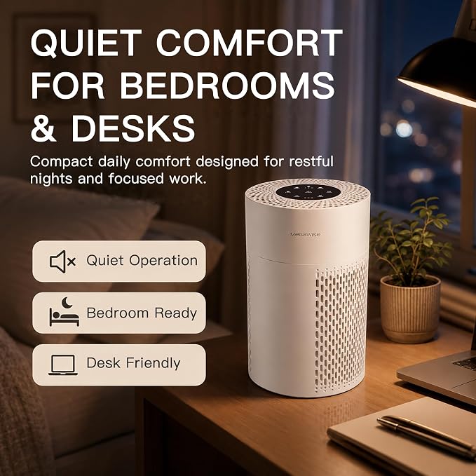 MEGAWISE Smart Air Purifier for Large Rooms up to 1080 sq. ft. | 2022 Updated Version | H13 True HEPA Filter, Smart Air Quality Sensor, Quiet Sleep Mode, Ideal for Pets, Odors, Smoke, Dust (White)