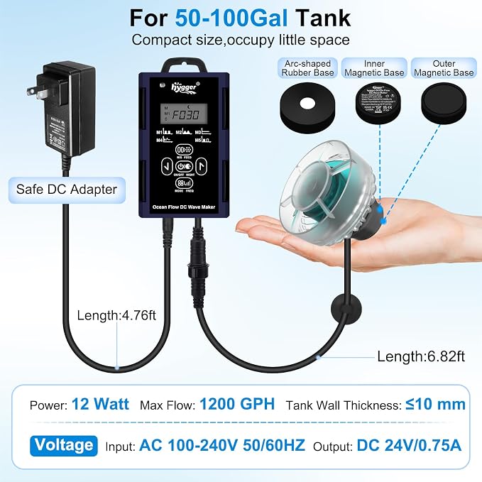 hygger Mini Wave Maker For Aquarium, Ultra-quiet Transparent Wavemaker With Controller, Adjustable Flow Magnetic DC 24V 1200GPH Powerhead, Circulation Pump For 50-100Gallon Freshwater Coral Reef Tank