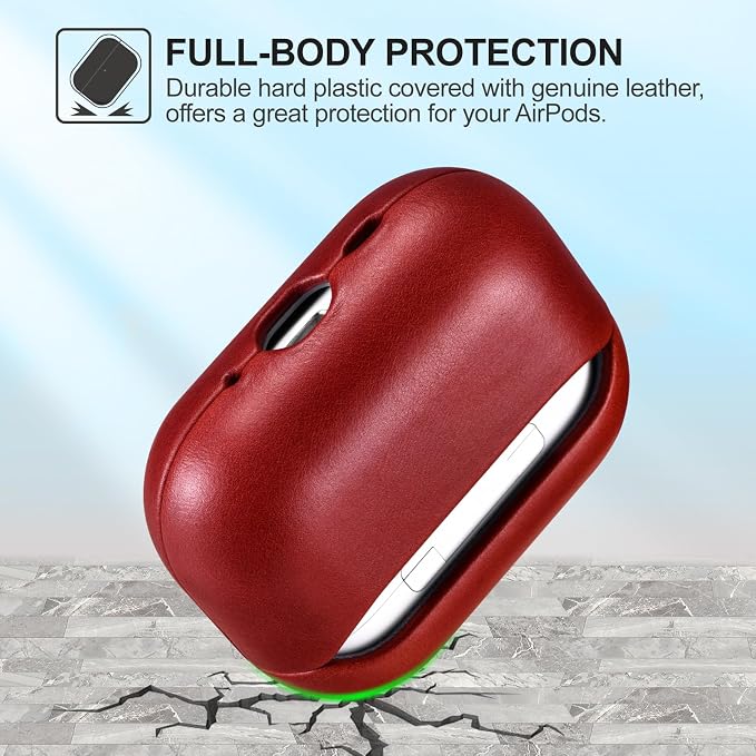ICARER AirPod Pro 3 Case, 100% Geniune Leather Case, Handmade Top Grade Vintage Cover, Shockproof Protective Cover Support Wireless Charging, Compatible with AirPods Pro 3 2025 Model (Red)