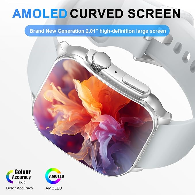 Smart Watch, 2.01" AMOLED Curved Touchscreen Fitness Watch for Men Women, IP68 Waterproof, 24/7 Heart Rate/Sleep Monitor, Fitness Tracker with Pedometer, 120+ Sports Modes, Watch for Android iOS Gray