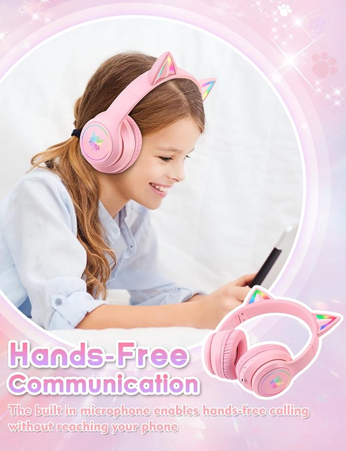 Bluetooth Kids Headphones with Microphone, Cat Ear LED Light Up and 85dB Volume Limited Toddlers Study Headphone, Wireless Foldable HI-FI sound Over-Ear School Headphones for iPhone/iPad/Laptop/PC
