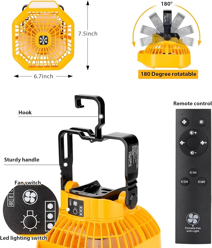 Taingwei Portable Fan with Remote for Dewalt 20v 60v Battery,Battery Operated Fan with 3 Energy Efficient Speed Settings and Dimmable Led Light for Camping,Emergency and Job Site(Tool Only)
