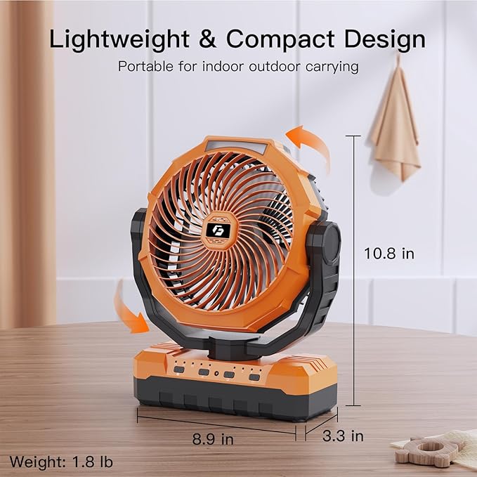FRIZCOL 3-in-1 Camping Fan - Portable Fans Rechargeable - 24000mAh Detachable Battery Powered Fan with Light & Remote for Indoor Outdoor, Tent, Travel, Fishing, Jobsite, Gifts for Men Dad Him - Orange